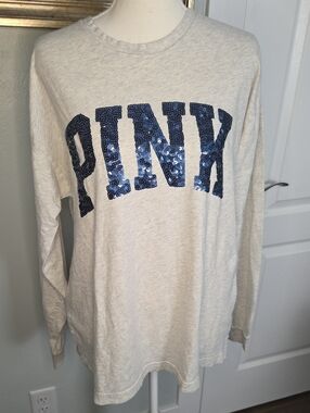 PINK Y2K Victoria's Secret Light Gray Long Sleeve Tee with Blue Sequin Logo